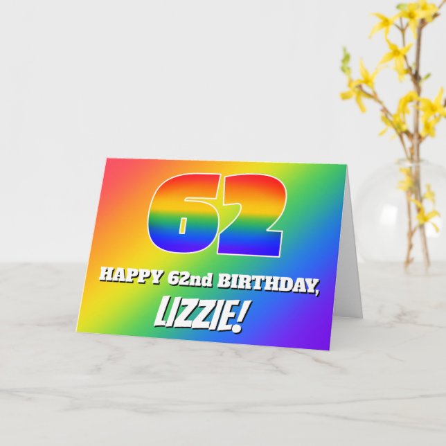 Tarjeta 62º cumpleaños: Patrón arcoiris multicolor # 62 (flor amarilla)