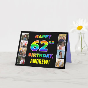Tarjeta 62º cumpleaños: texto arcoiris, fotos y nombre de