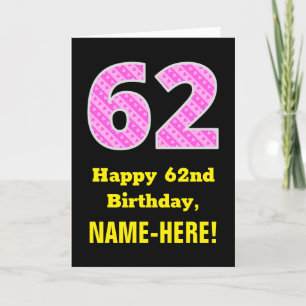 Tarjeta 62.º cumpleaños: Corazones y franjas rosadas "62" 