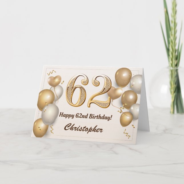 Tarjeta 62.º cumpleaños Globos de oro y cumpleaños de Conf (Anverso)