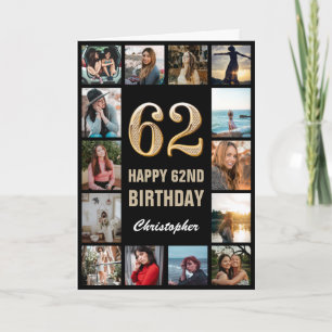 Tarjeta 62.º feliz cumpleaños Collage de fotos negro y oro
