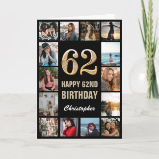 Tarjeta 62.º feliz cumpleaños Collage de fotos negro y oro