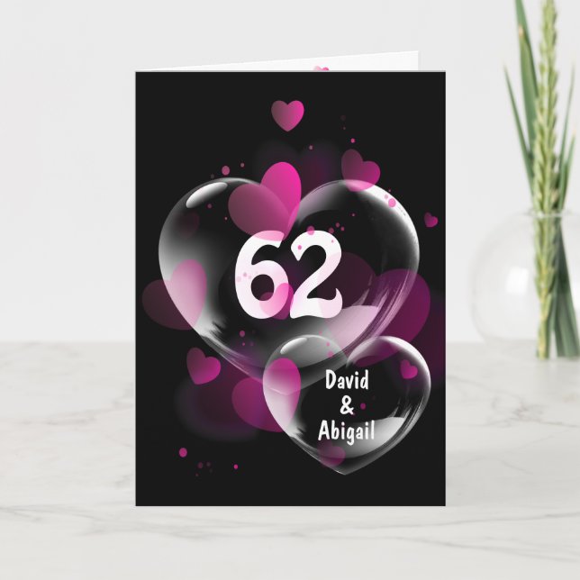 Tarjeta 62° aniversario de burbujas de corazón en negro (Anverso)