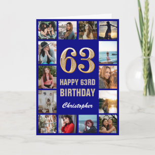 Tarjeta 63.ª feliz cumpleaños Collage de fotos azul y oro 