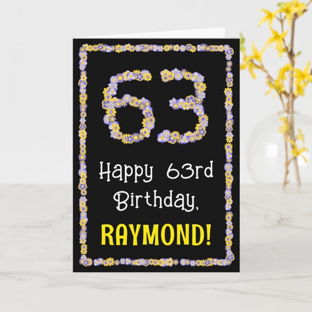 Tarjeta 63.º cumpleaños: Flores florales, nombre personali (flor amarilla)