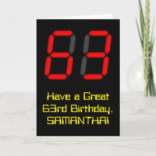 Tarjeta 63.º cumpleaños: Red Digital Clock Style "63" + No