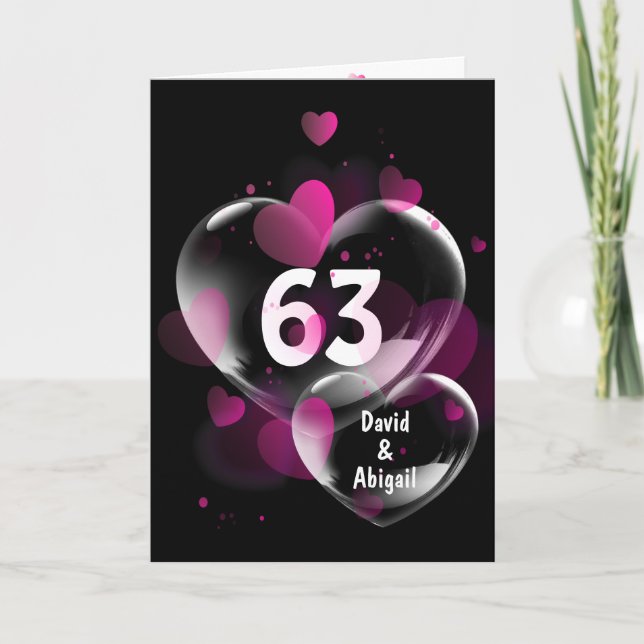Tarjeta 63° aniversario burbujas de corazón en negro (Anverso)