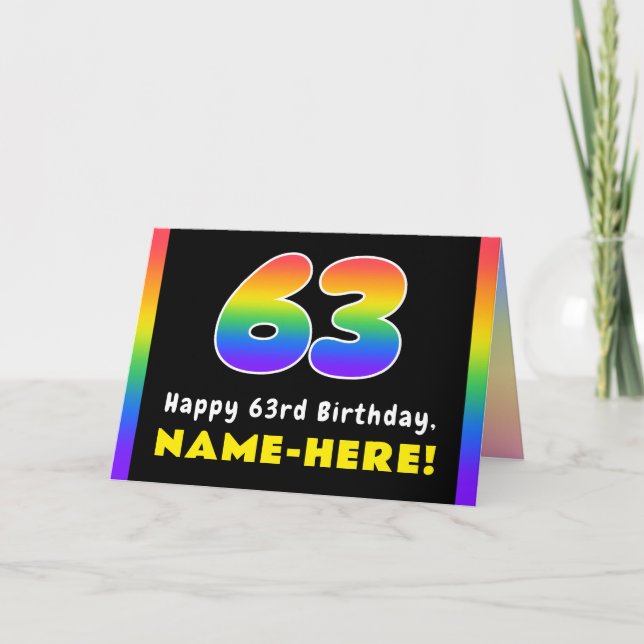 Tarjeta 63° cumpleaños: arcoiris colorido # 63, nombre per (Anverso)