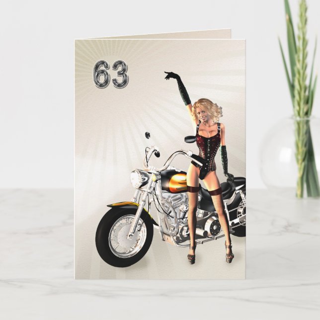 Tarjeta 63° cumpleaños, moto y Chica (Anverso)