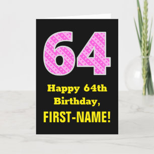 Tarjeta 64º cumpleaños: Rayas rosas y corazones "64" + nom