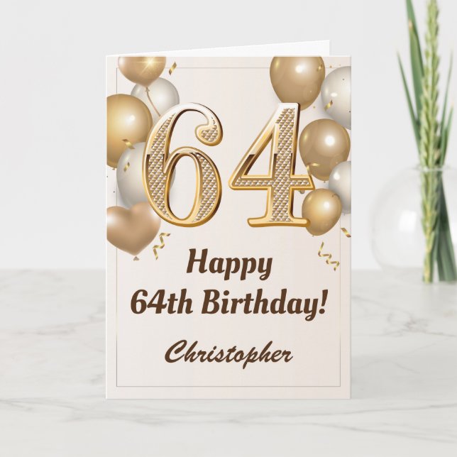 Tarjeta 64.º cumpleaños Globos de oro y cumpleaños de Conf (Anverso)
