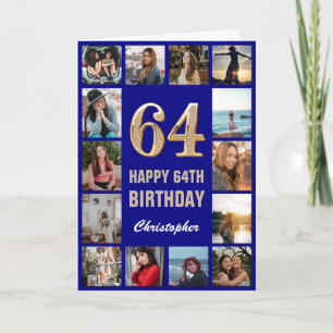 Tarjeta 64.º feliz cumpleaños Collage de fotos azul y oro 