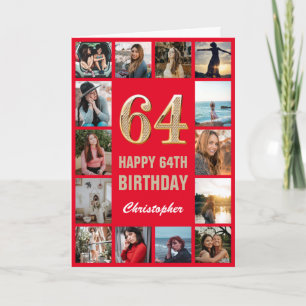 Tarjeta 64.º feliz cumpleaños Collage de fotos rojo y oro
