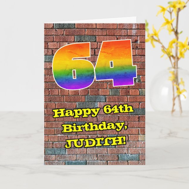 Tarjeta 64° cumpleaños: Arcoiris 64 inspirado en graffitis (flor amarilla)