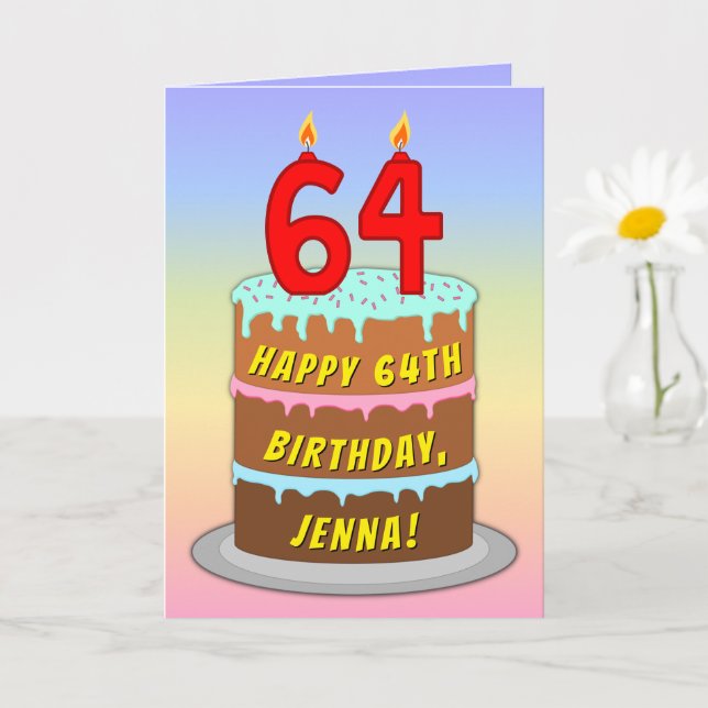 Tarjeta 64th Birthday — Fun Cake & Candles, w/ Custom Name (Planta pequeña)