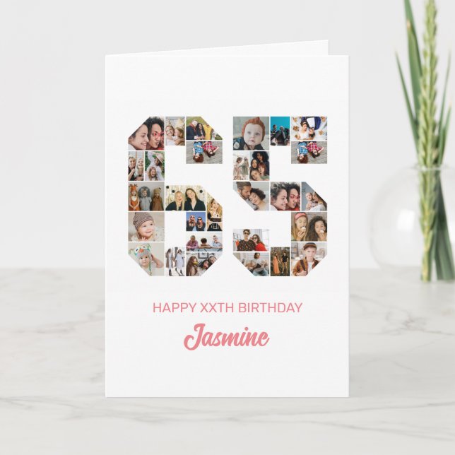 Tarjeta 65º cumpleaños número 65 Collage de fotos personal (Anverso)