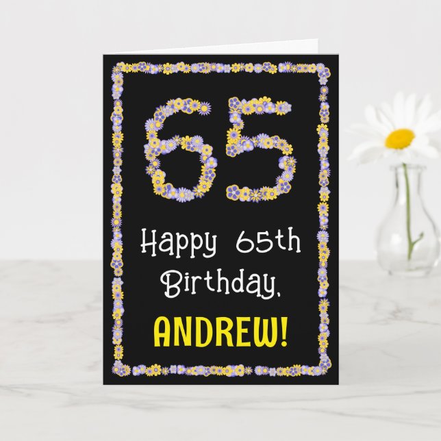 Tarjeta 65º cumpleaños: número de flores florales, nombre  (Planta pequeña)