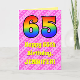 Tarjeta 65º cumpleaños: Rayas y corazones rosados, arcoiri