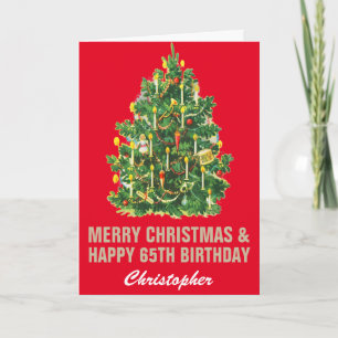 Tarjeta 65.ª Feliz Cumpleaños y Feliz Navidad Rojo y Oro