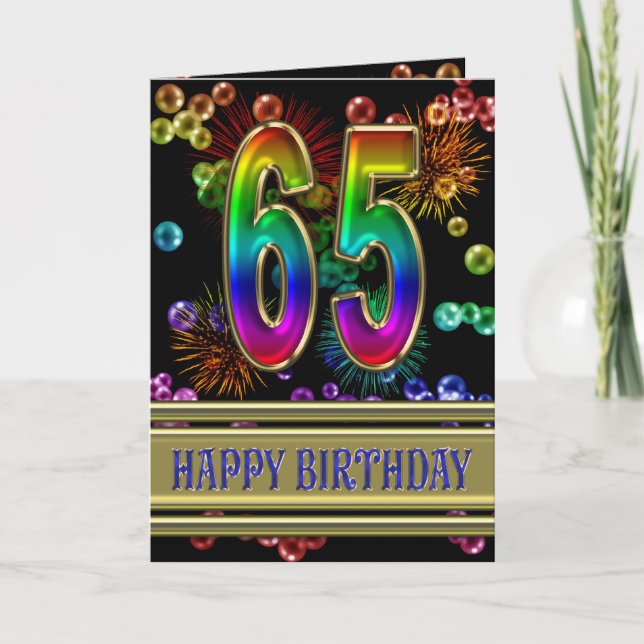 Tarjeta 65.º cumpleaños con burbujas de arcoiris y fuegos  (Anverso)