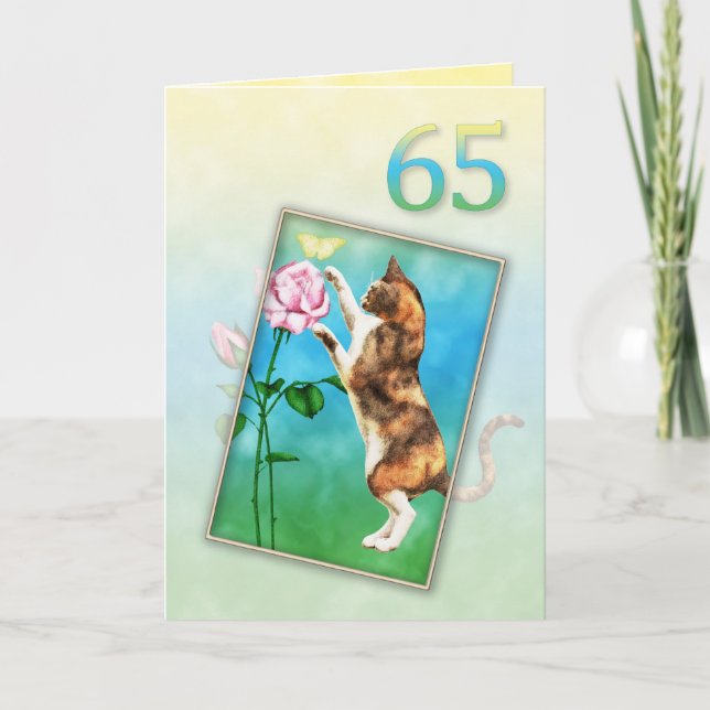 Tarjeta 65.º cumpleaños con un gato juguetón (Anverso)