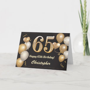 Tarjeta 65.º cumpleaños Globos de Oro y Negro