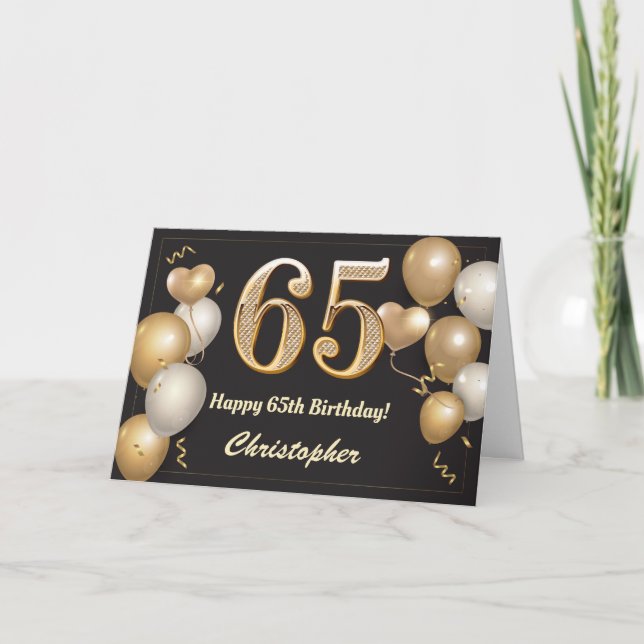 Tarjeta 65.º cumpleaños Globos de Oro y Negro (Anverso)