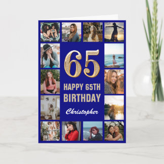 Tarjeta 65.º feliz cumpleaños Collage de fotos azul y oro 