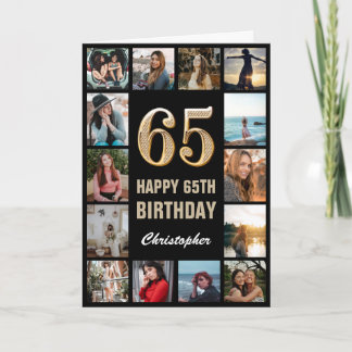 Tarjeta 65.º feliz cumpleaños Collage de fotos negro y oro