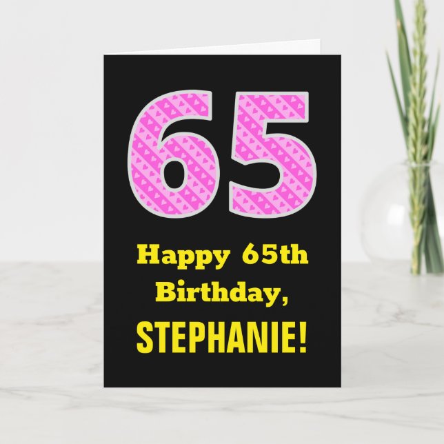 Tarjeta 65 Aniversario: Corazones y franjas rosadas "65" + (Anverso)