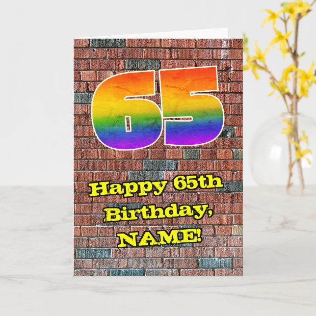 Tarjeta 65° cumpleaños: Arcoiris 65 inspirado en graffitis (flor amarilla)