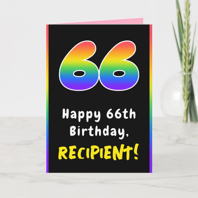 Tarjeta 66º cumpleaños: arcoiris colorido # 66, nombre per (Anverso)