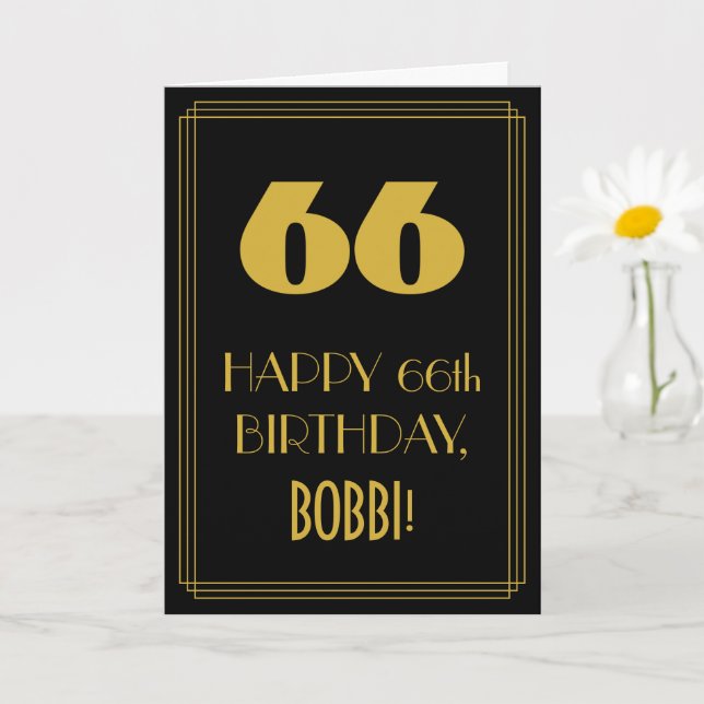 Tarjeta 66º cumpleaños - Estilo Art Decó "66" y nombre (Planta pequeña)