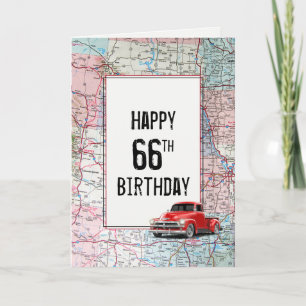 Tarjeta 66.º Camión Retro Rojo de Cumpleaños en Mapa