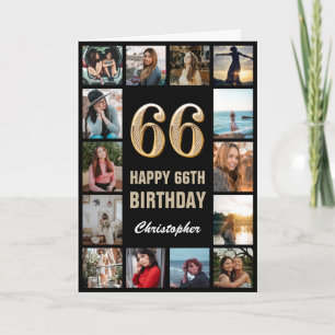 Tarjeta 66.º feliz cumpleaños Collage de fotos negro y oro