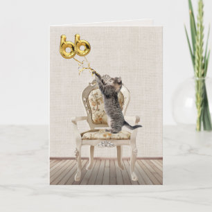 Tarjeta 66.º globo de cumpleaños y gato tabby