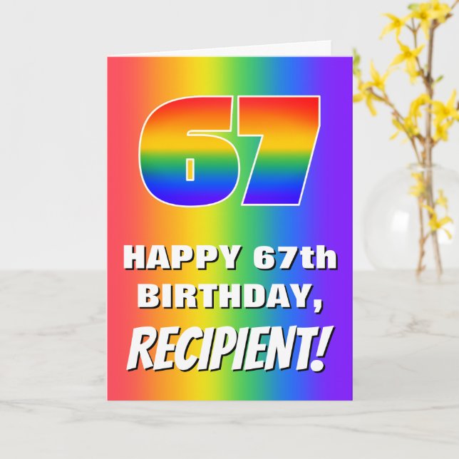 Tarjeta 67º cumpleaños: Colorido, divertido patrón arcoiri (flor amarilla)