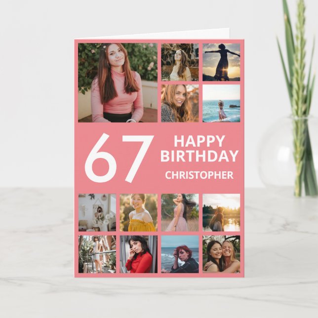 Tarjeta 67.º Collage de fotos de cumpleaños 13 fotos rosa  (Anverso)