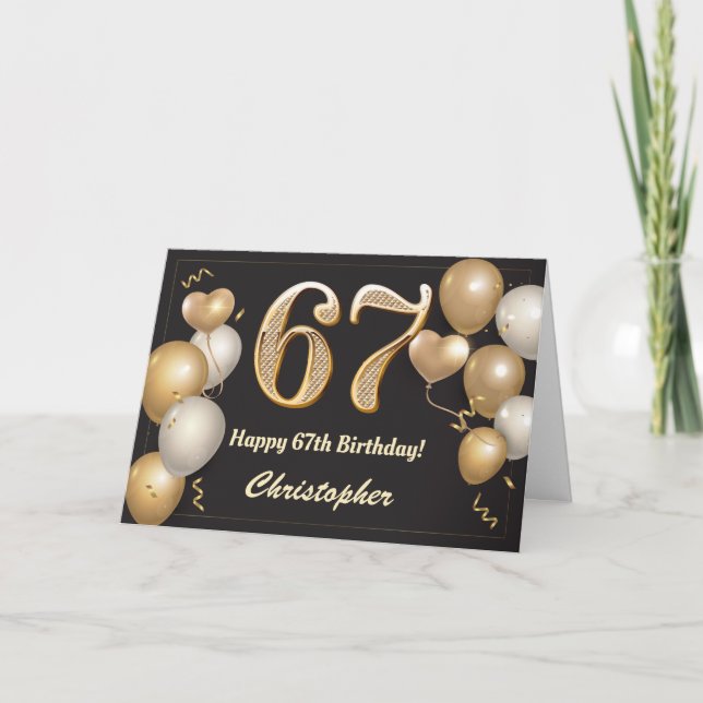 Tarjeta 67.º cumpleaños Globos de Oro y Negro (Anverso)