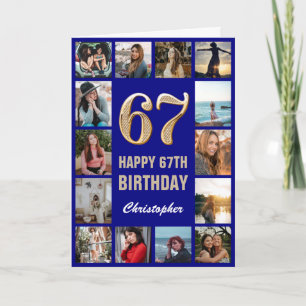 Tarjeta 67.º feliz cumpleaños Collage de fotos azul y oro 