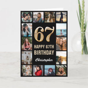 Tarjeta 67.º feliz cumpleaños Collage de fotos negro y oro
