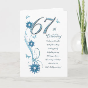 Tarjeta 67 años en verde azulado de flores y mariposa