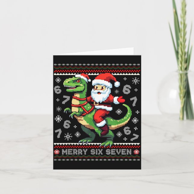 Tarjeta 67 Merry Six Seven Santa T Rex Funny Ugly Christma (Anverso)