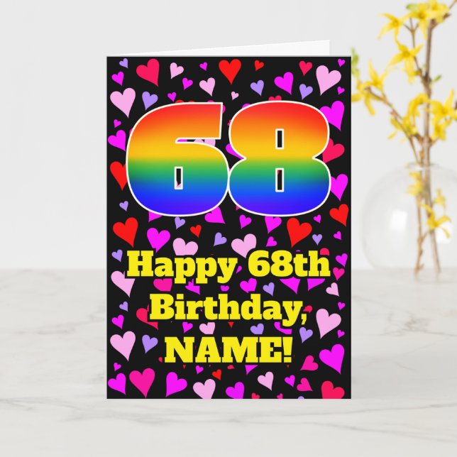 Tarjeta 68º cumpleaños: Patrón de corazones amorosos, arco (flor amarilla)