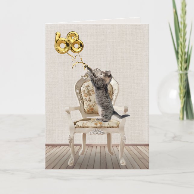 Tarjeta 68.º globo de cumpleaños y gato tabby (Anverso)