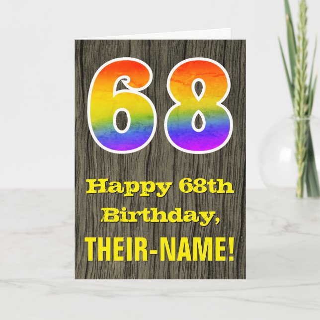Tarjeta 68 cumpleaños: Vista rústica de madera falsa, "68" (Anverso)