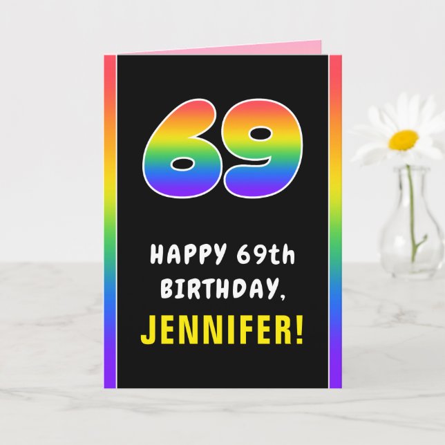 Tarjeta 69º cumpleaños: arcoiris colorido # 69, nombre per (Planta pequeña)