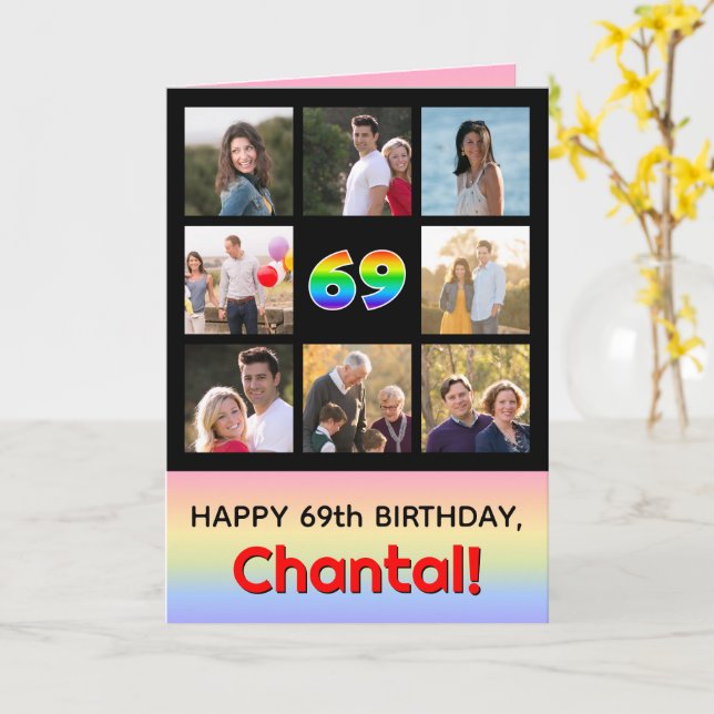 Tarjeta 69º cumpleaños: Arcoiris divertido #, fotos Person (flor amarilla)