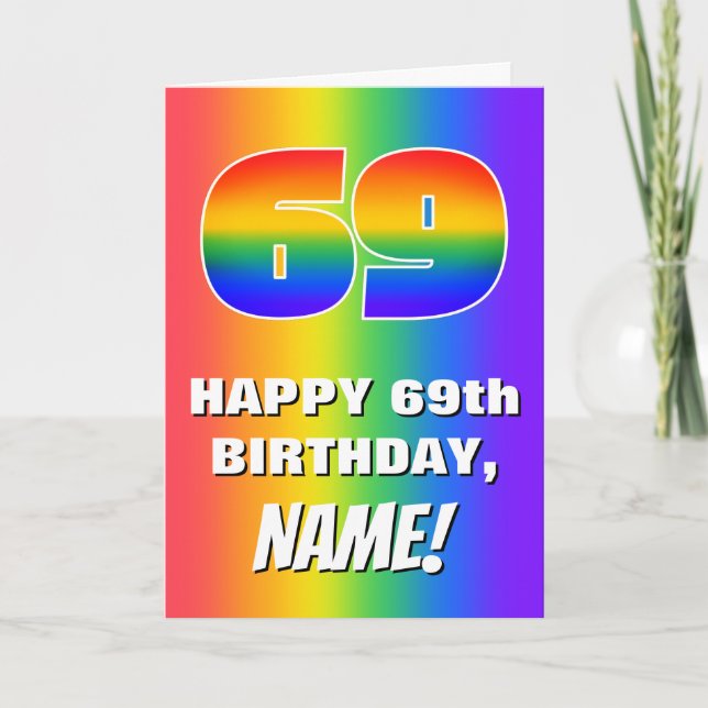 Tarjeta 69º cumpleaños: Colorido, divertido patrón arcoiri (Anverso)