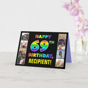 Tarjeta 69º cumpleaños: texto arcoiris, fotos y nombre de 